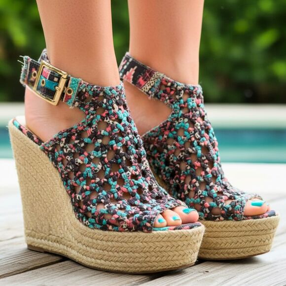 Betsey Johnson Beckey Aztec 6 Multicolor Peep Toe Espadrille Woven Wedge Sandal - Picture 8 of 9